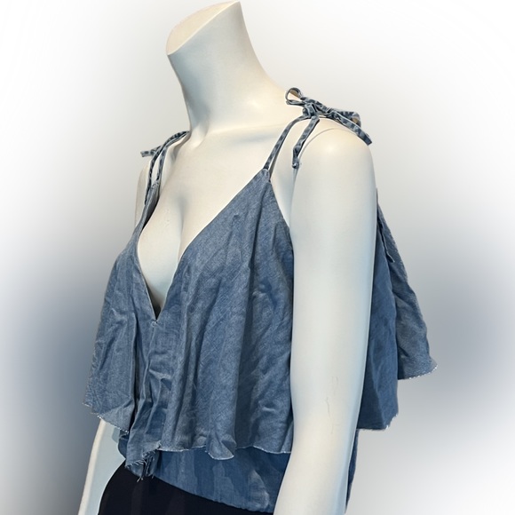 NWT ZARA Blue Denim Ruffled Chambray Camisole Spaghetti Strap Bodysuit Small - Picture 5 of 15